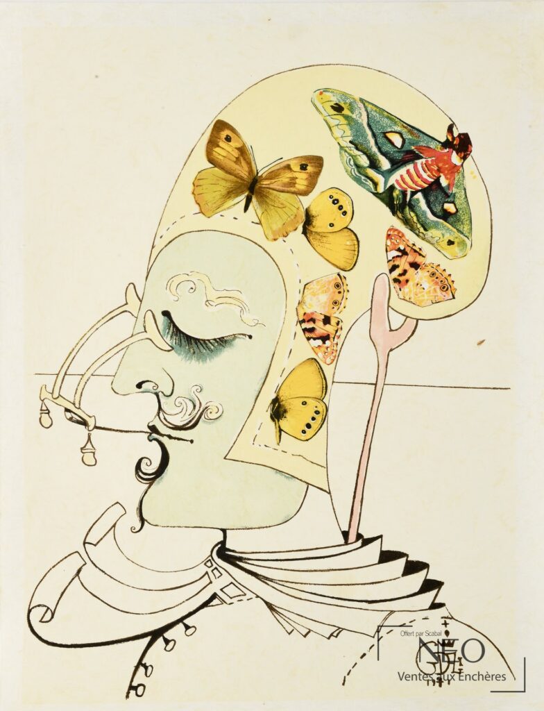 Lithographie colorée de Salvador Dalí d'après représentant un profil stylisé orné de papillons.