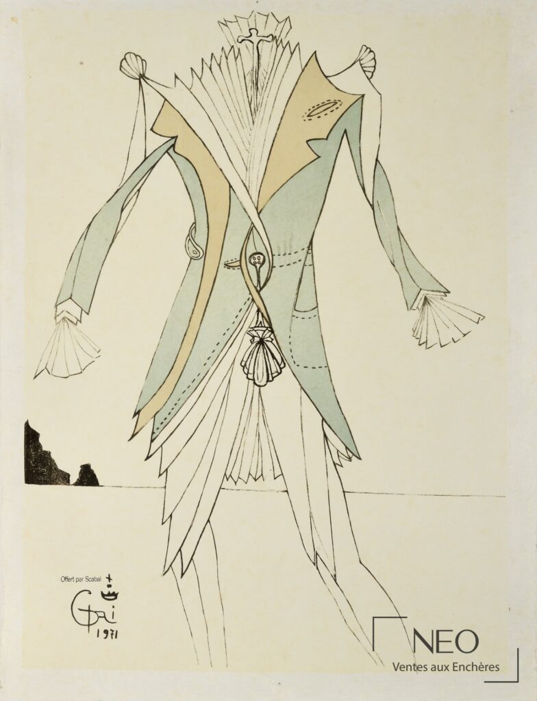 Lithographie en couleurs de Salvador Dalí représentant un costume stylisé
