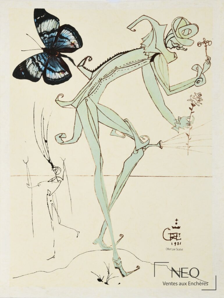 Lithographie en couleurs de Salvador Dalí d'après représentant un personnage stylisé avec un grand papillon bleu.