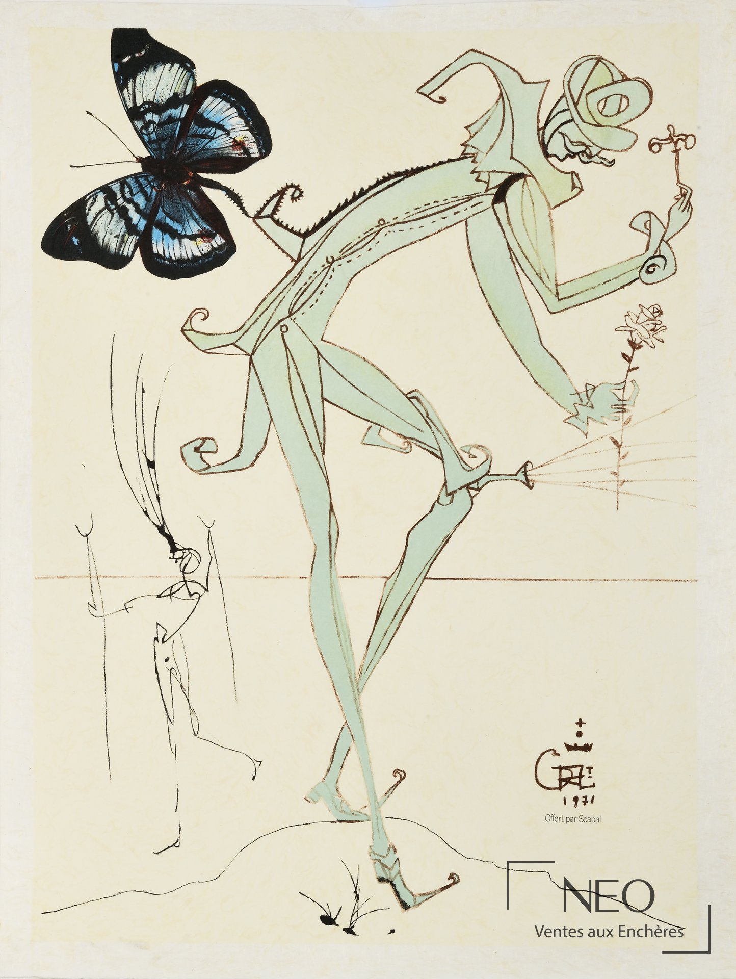Lithographie en couleurs de Salvador Dalí d'après représentant un personnage stylisé avec un grand papillon bleu.
