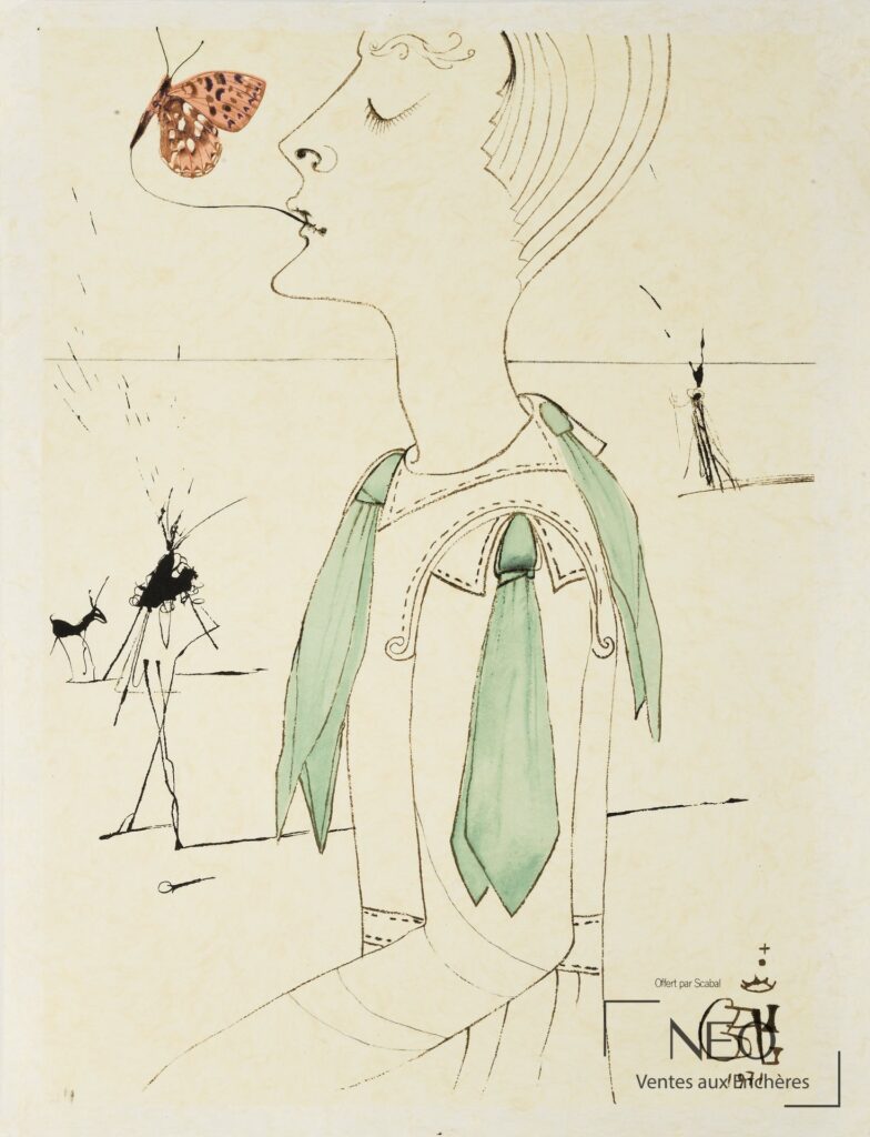 Lithographie de Salvador Dalí représentant un profil féminin stylisé avec papillon et accents verts.