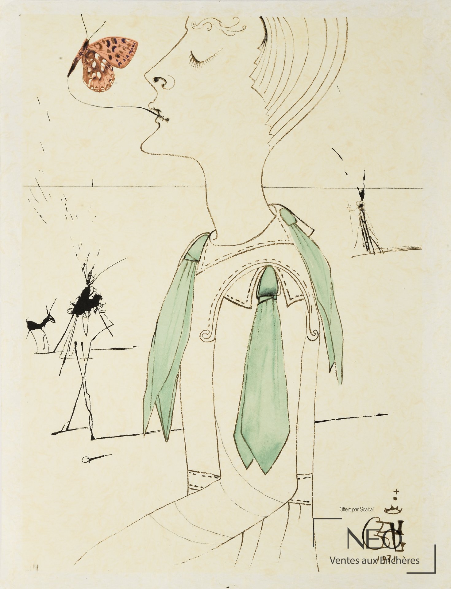 Lithographie de Salvador Dalí représentant un profil féminin stylisé avec papillon et accents verts.