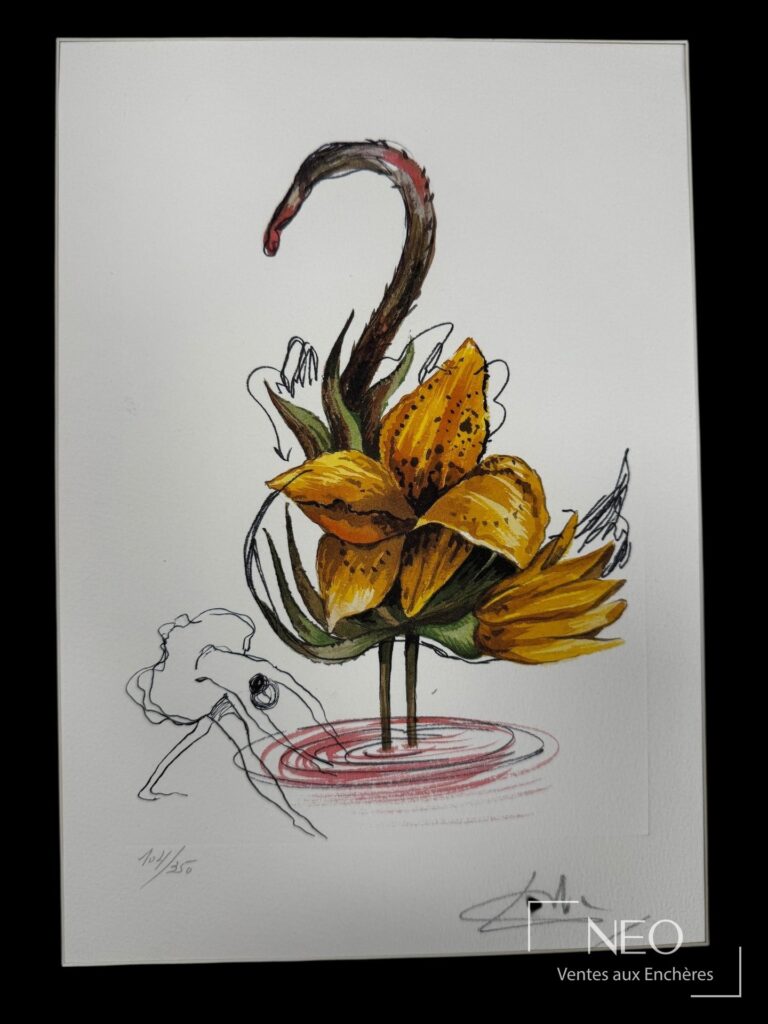 Lithographie en couleurs représentant une fleur stylisée et une figure dessinée