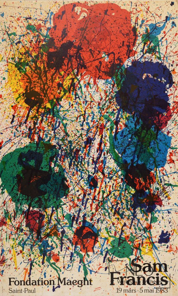 Affiche d’exposition colorée de Sam Francis avec large composition abstraite et texte en bas.
