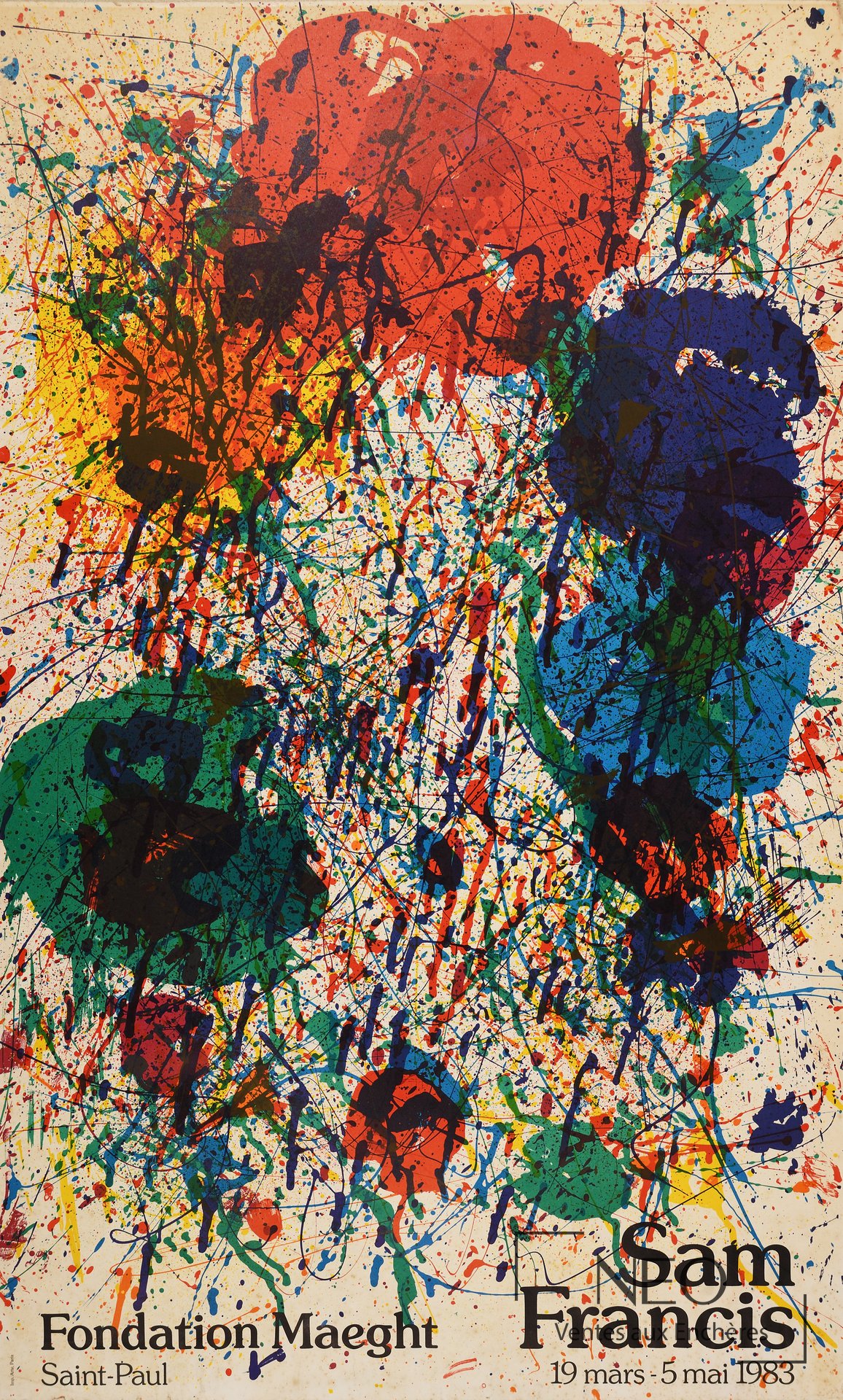 Affiche d’exposition colorée de Sam Francis avec large composition abstraite et texte en bas.
