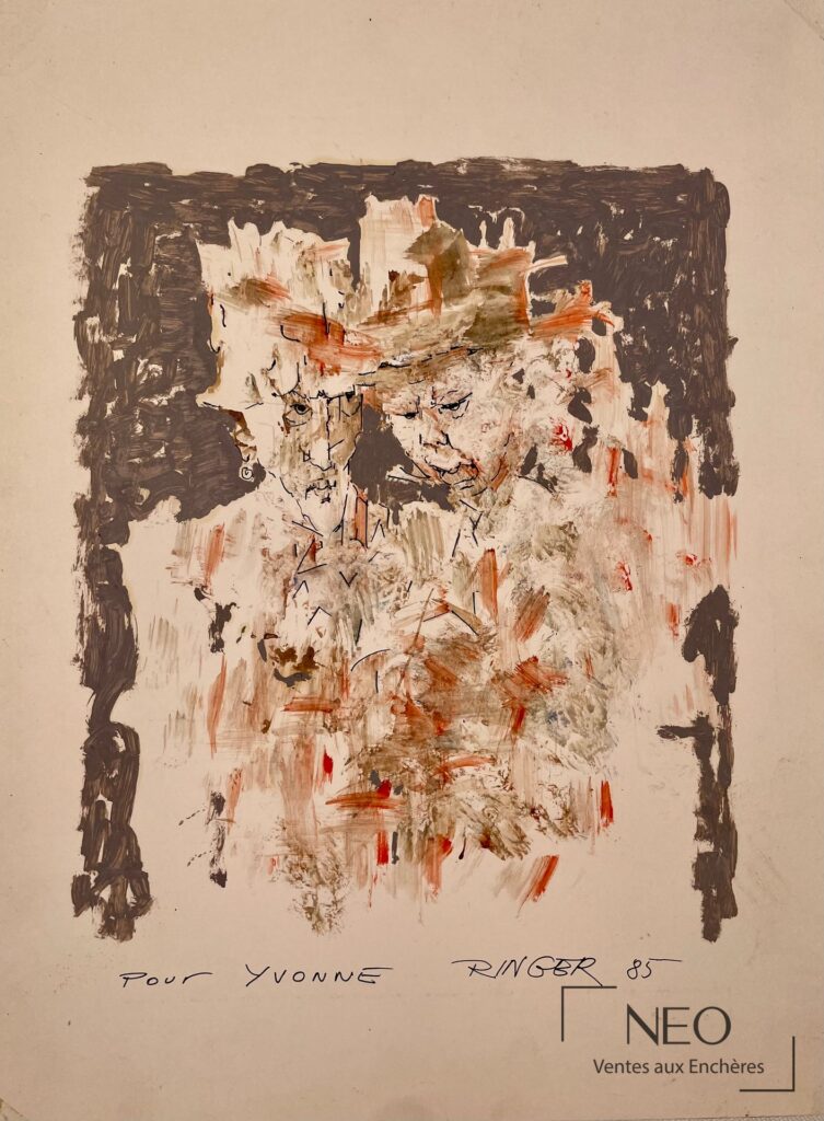 Composition abstraite de Sam Ringer avec deux figures et inscription en bas