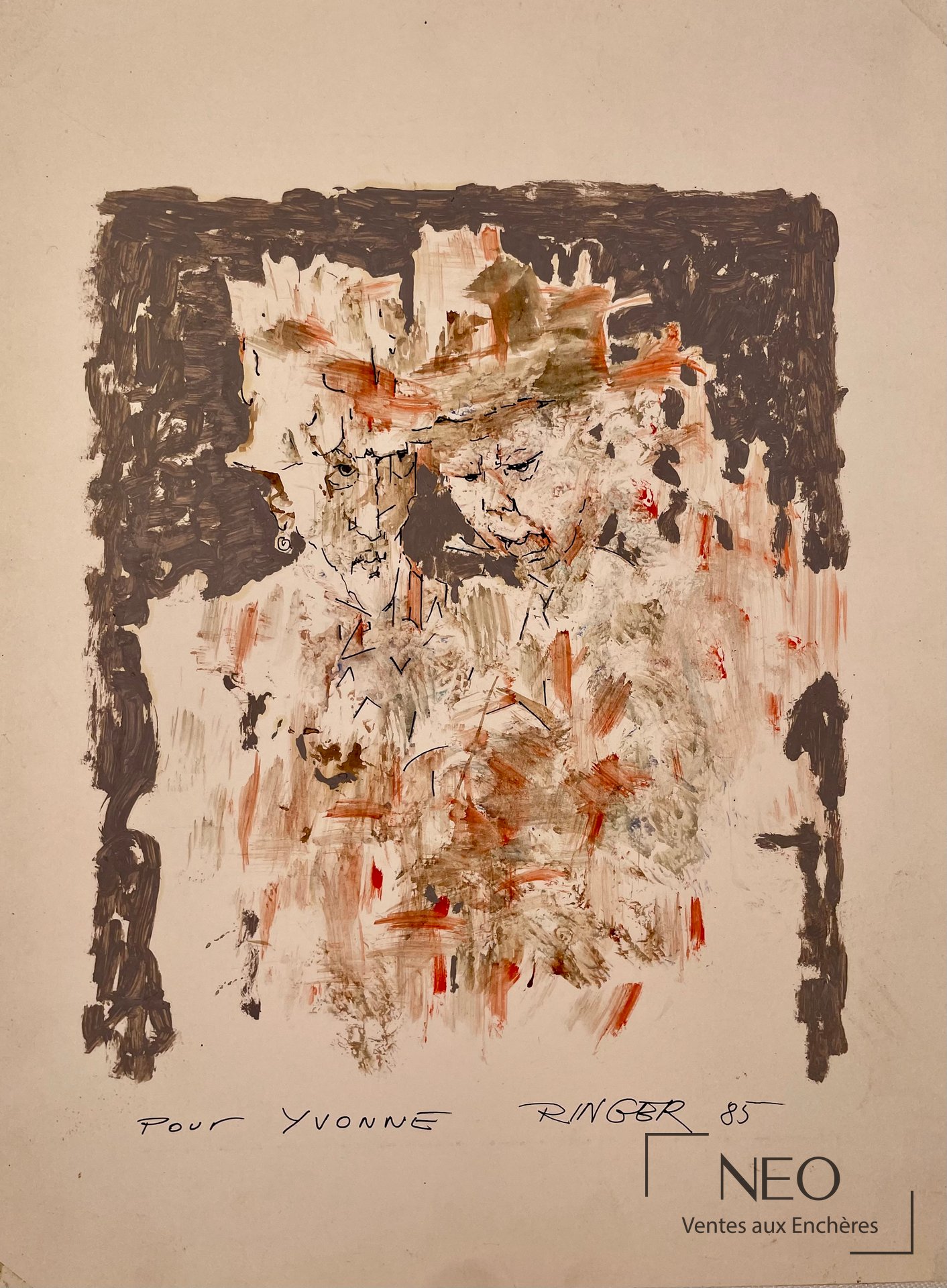 Composition abstraite de Sam Ringer avec deux figures et inscription en bas