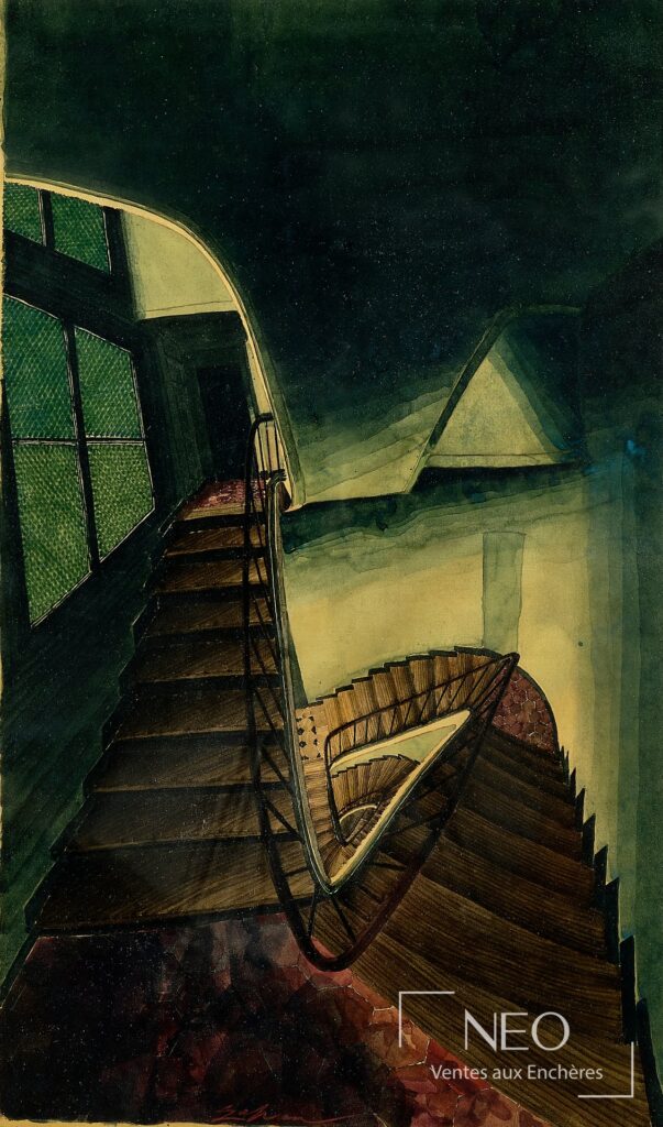 Aquarelle sur soie de Sam Szafran représentant un escalier en perspective sombre et verte