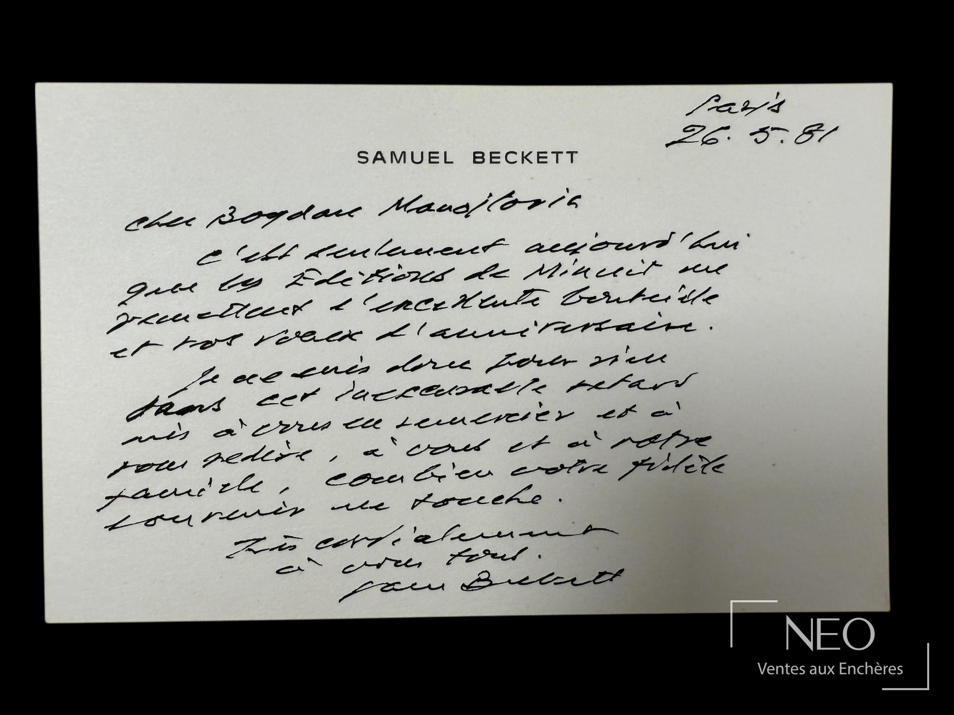 Carte autographe signée Samuel Beckett