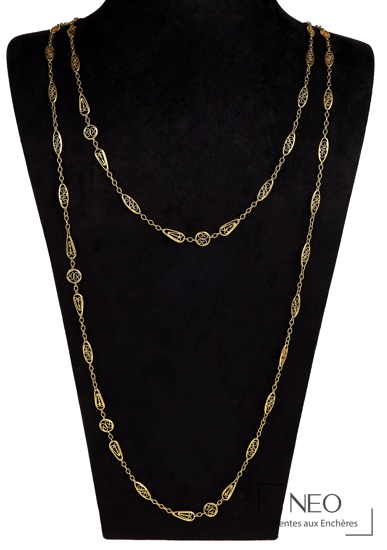 Sautoir en or jaune 18 carats et argent à maille filigrane