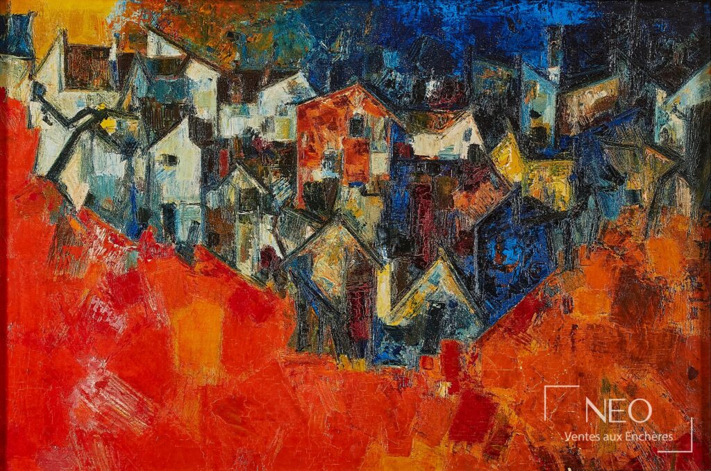 Huile sur toile abstraite aux maisons stylisées et couleurs rouges