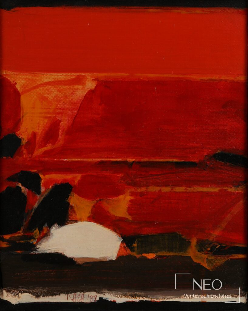 Composition abstraite de Sayed Haider Raza dominée par des rouges