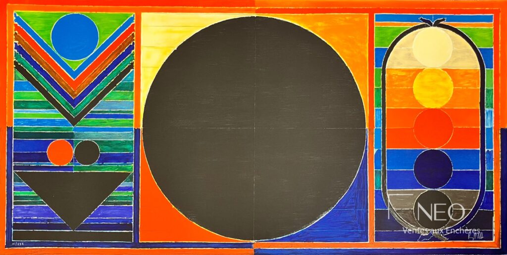 Lithographie colorée de Sayed Haider Raza avec grands cercles noirs et motifs géométriques.