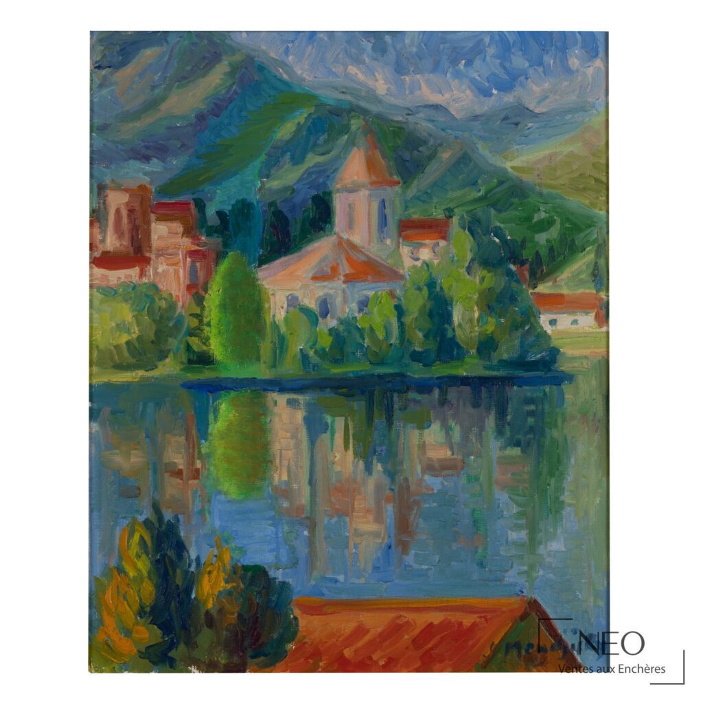 Huile sur toile représentant un paysage lacustre avec montagnes et village