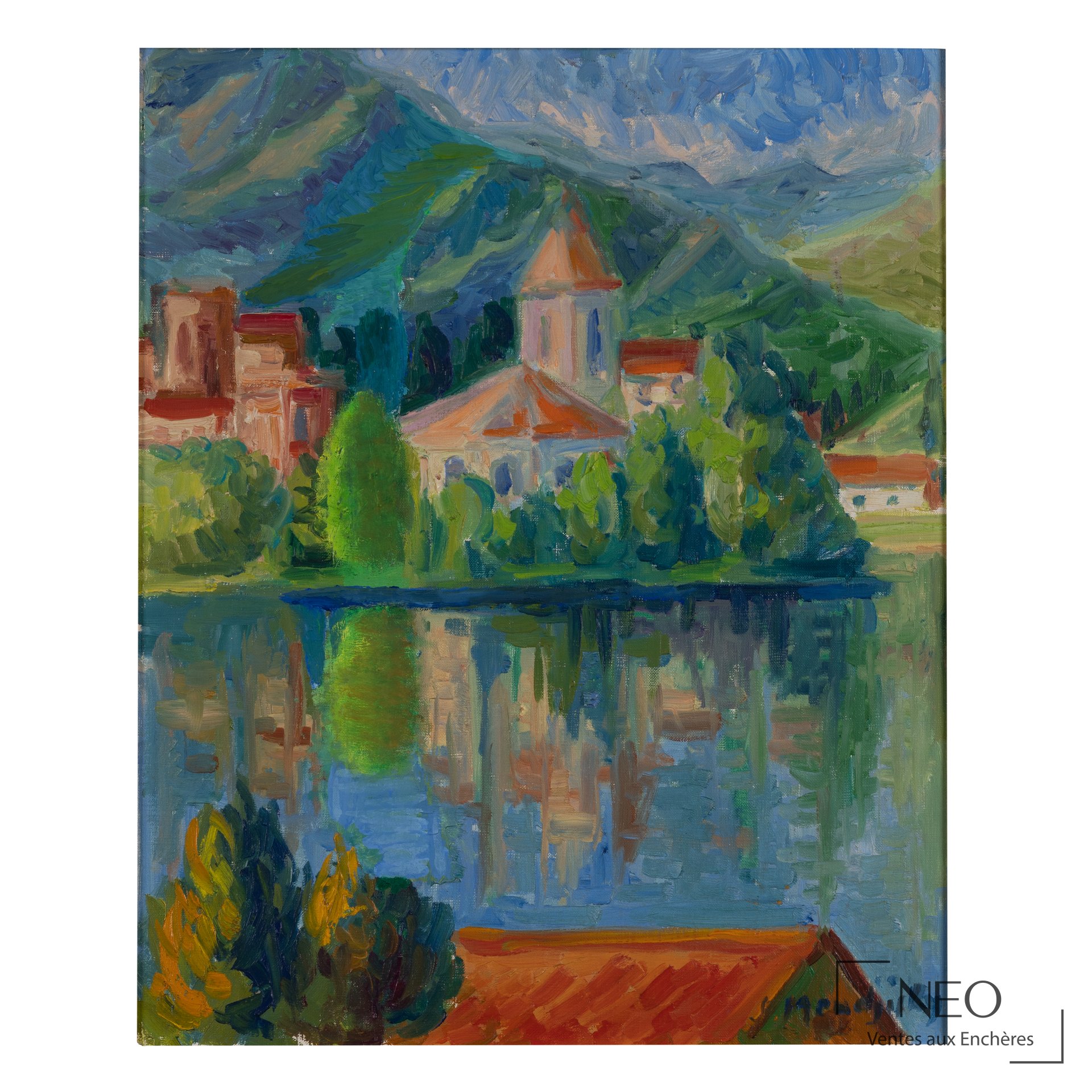 Huile sur toile représentant un paysage lacustre avec montagnes et village