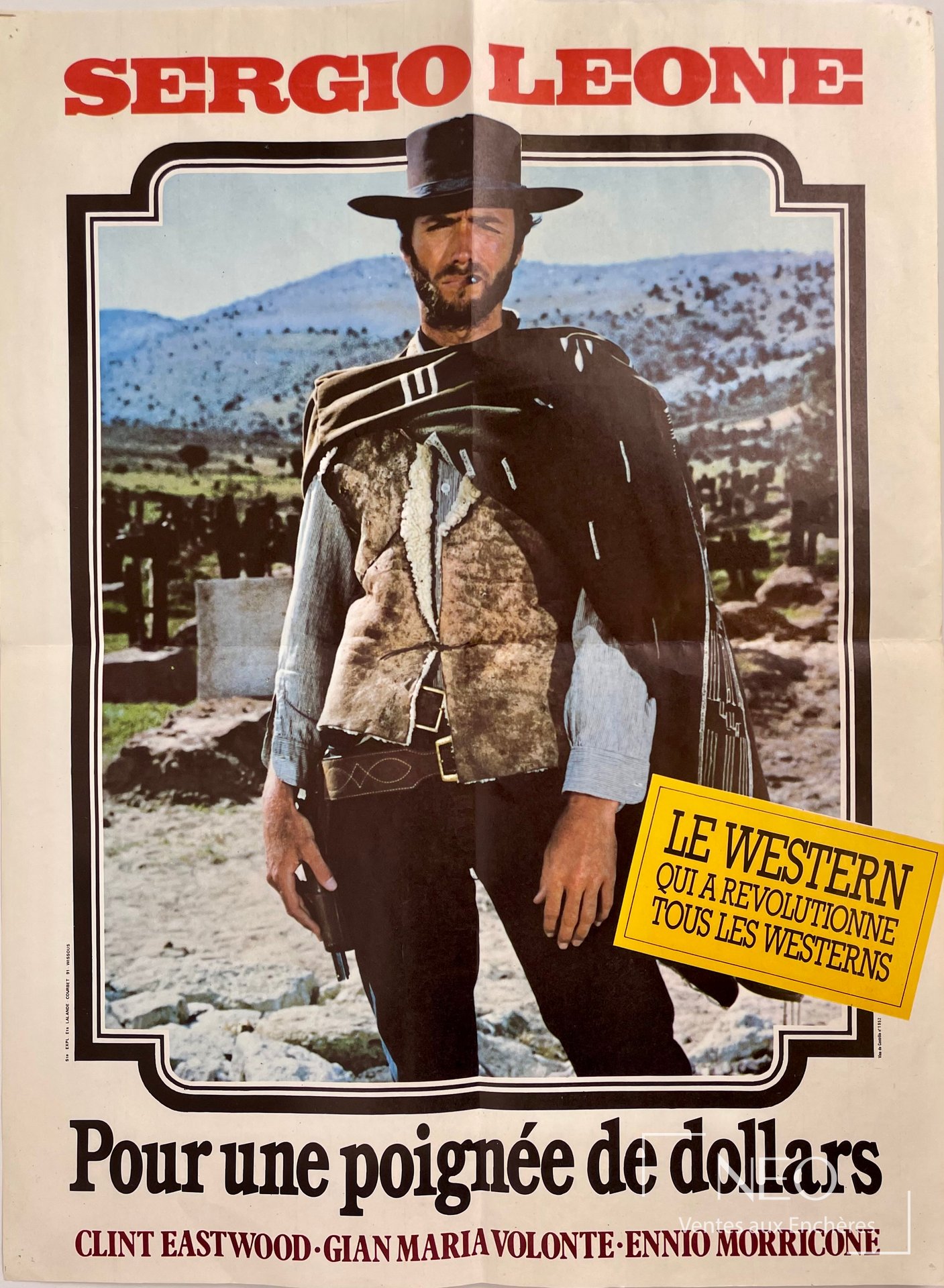 Affiche en couleurs d'époque de Pour une poignée de dollars avec Clint Eastwood.