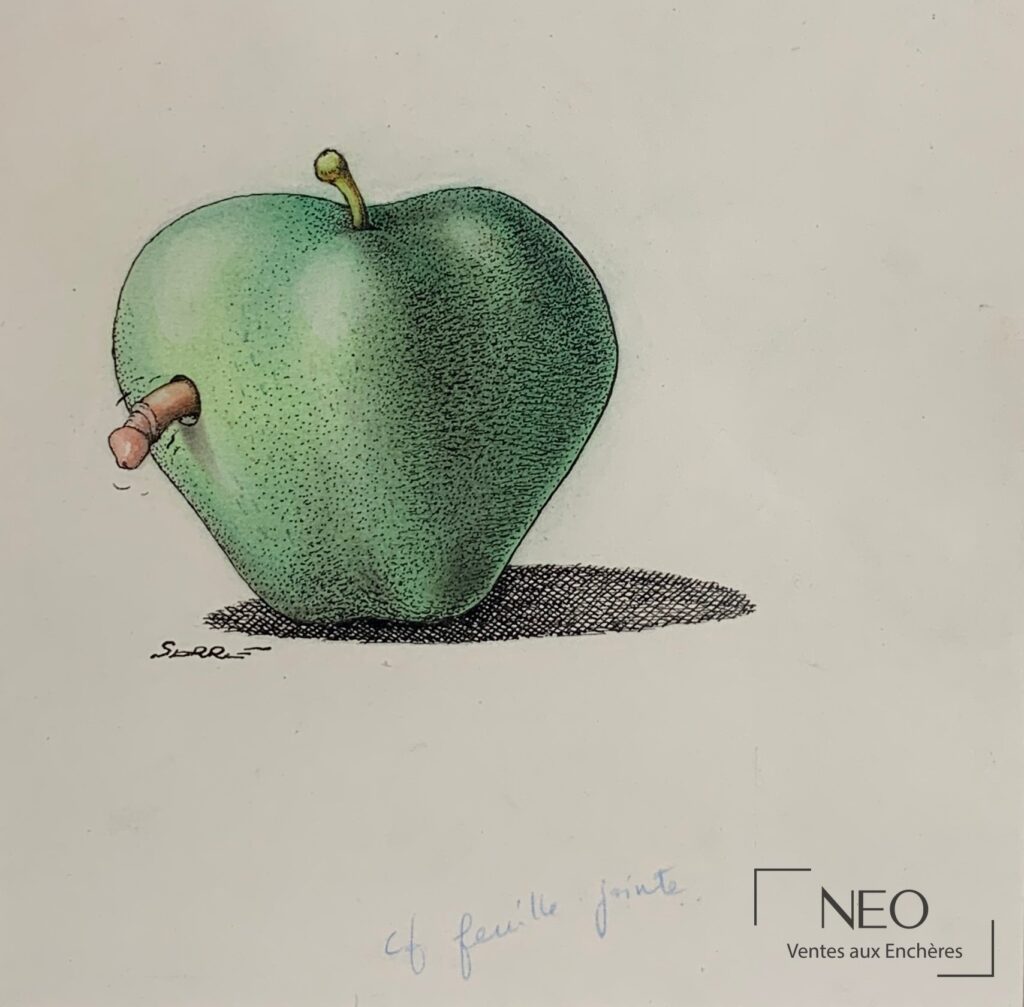 Dessin de Claude Serre représentant une pomme verte avec un bouchon