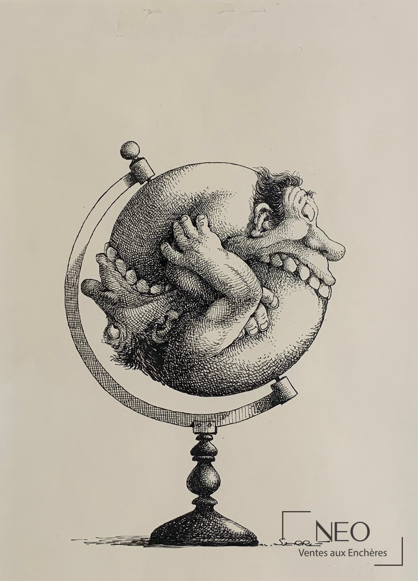 Illustration à l’encre de Chine de Serre Claude représentant un personnage sur un globe