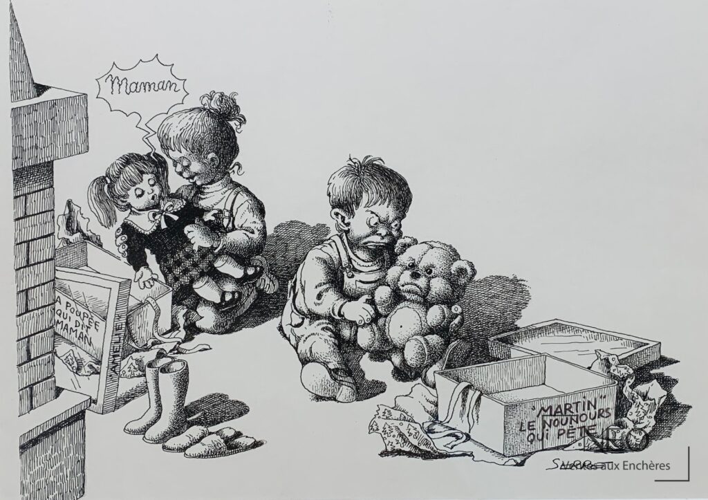 Illustration en noir et blanc de SERRE Claude montrant plusieurs enfants et des caisses.