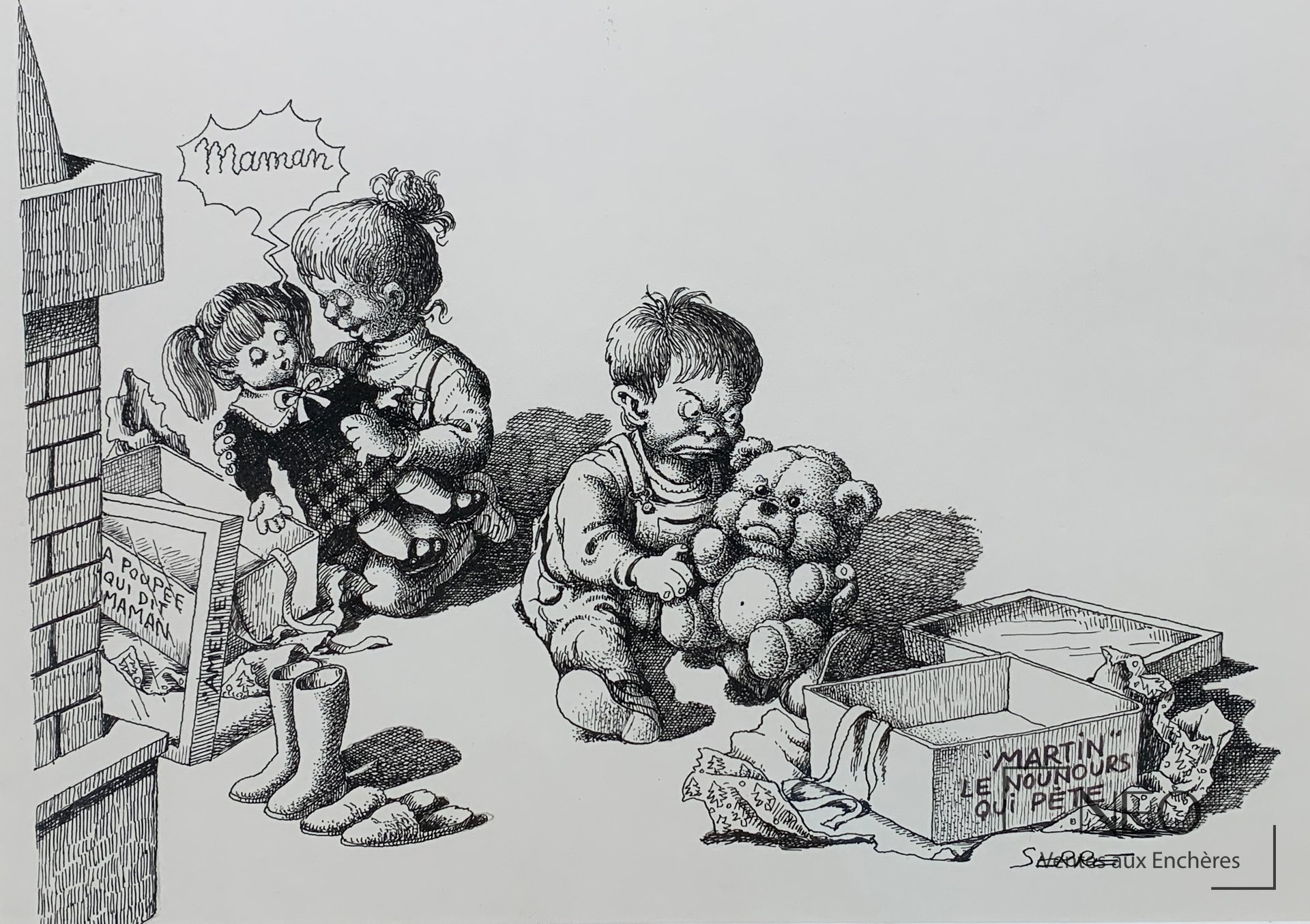 Illustration en noir et blanc de SERRE Claude montrant plusieurs enfants et des caisses.