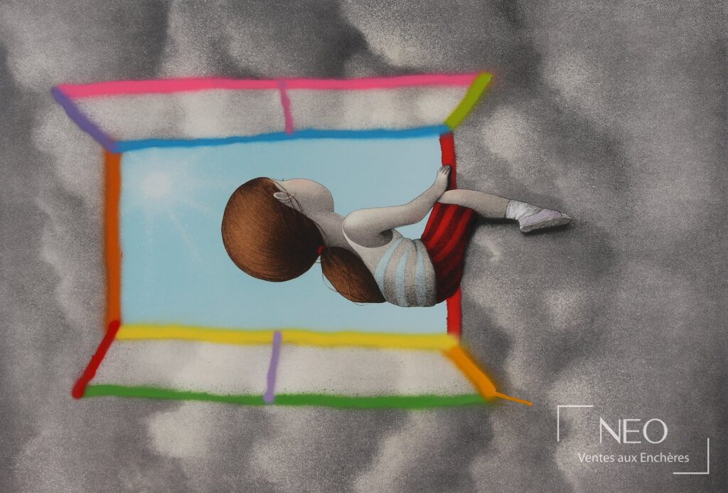 Lithographie de SETH montrant une enfant devant une fenêtre colorée sur fond gris