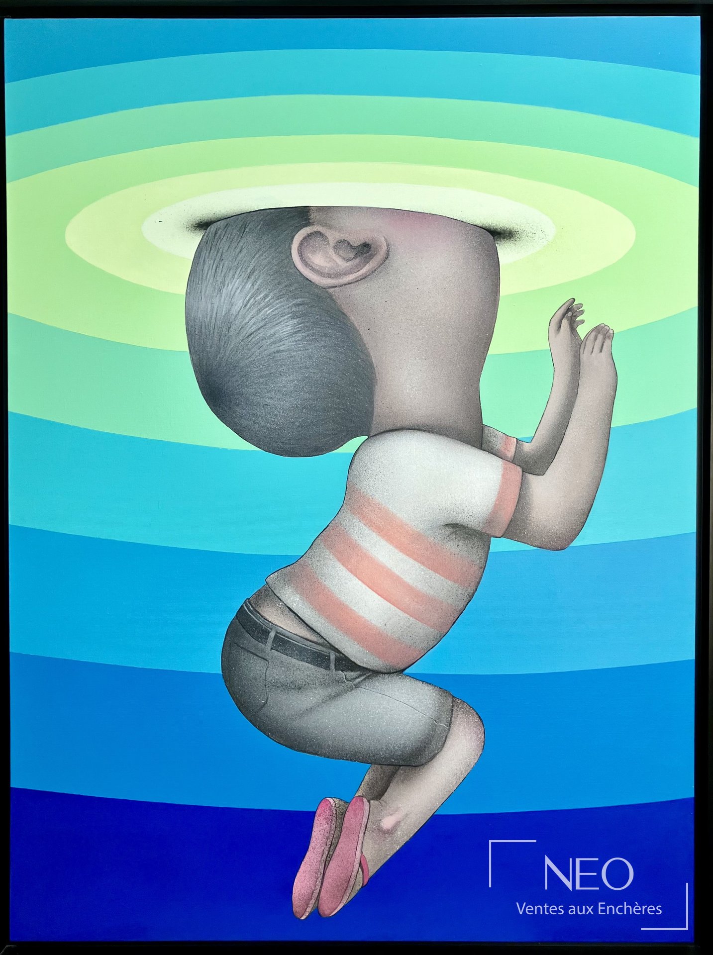 Peinture de SETH représentant un personnage stylisé sur fond de bandes bleu et vert