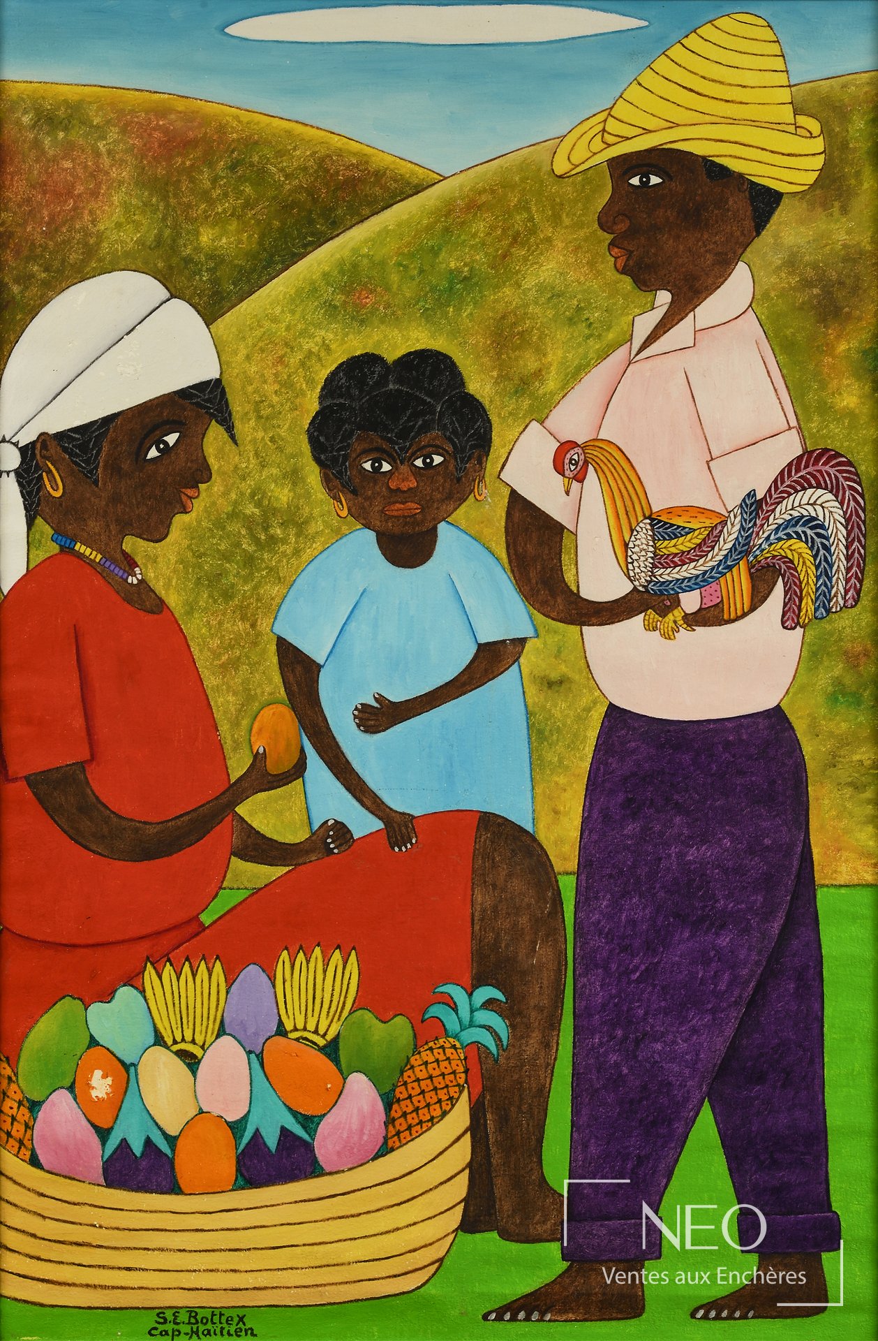 Huile sur toile de Seymour Etienne Bottex représentant trois personnages et une corbeille de fruits.
