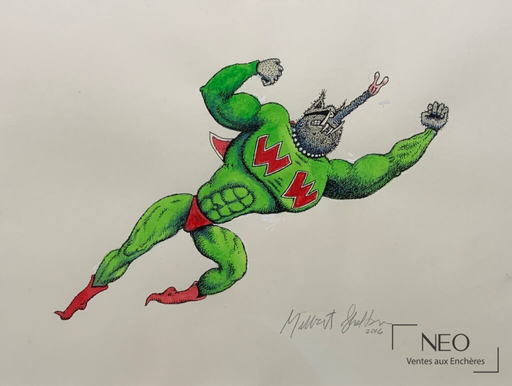 Dessin coloré d'un personnage vert volant