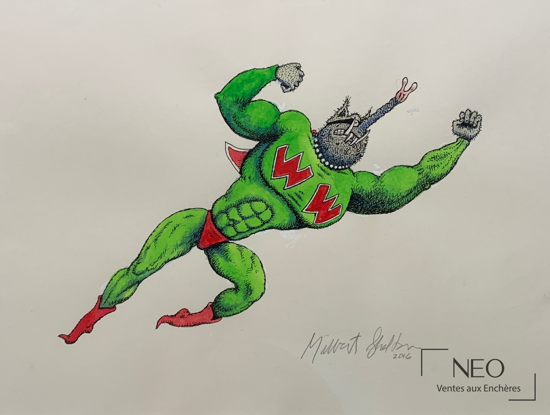 Dessin coloré d'un personnage vert volant