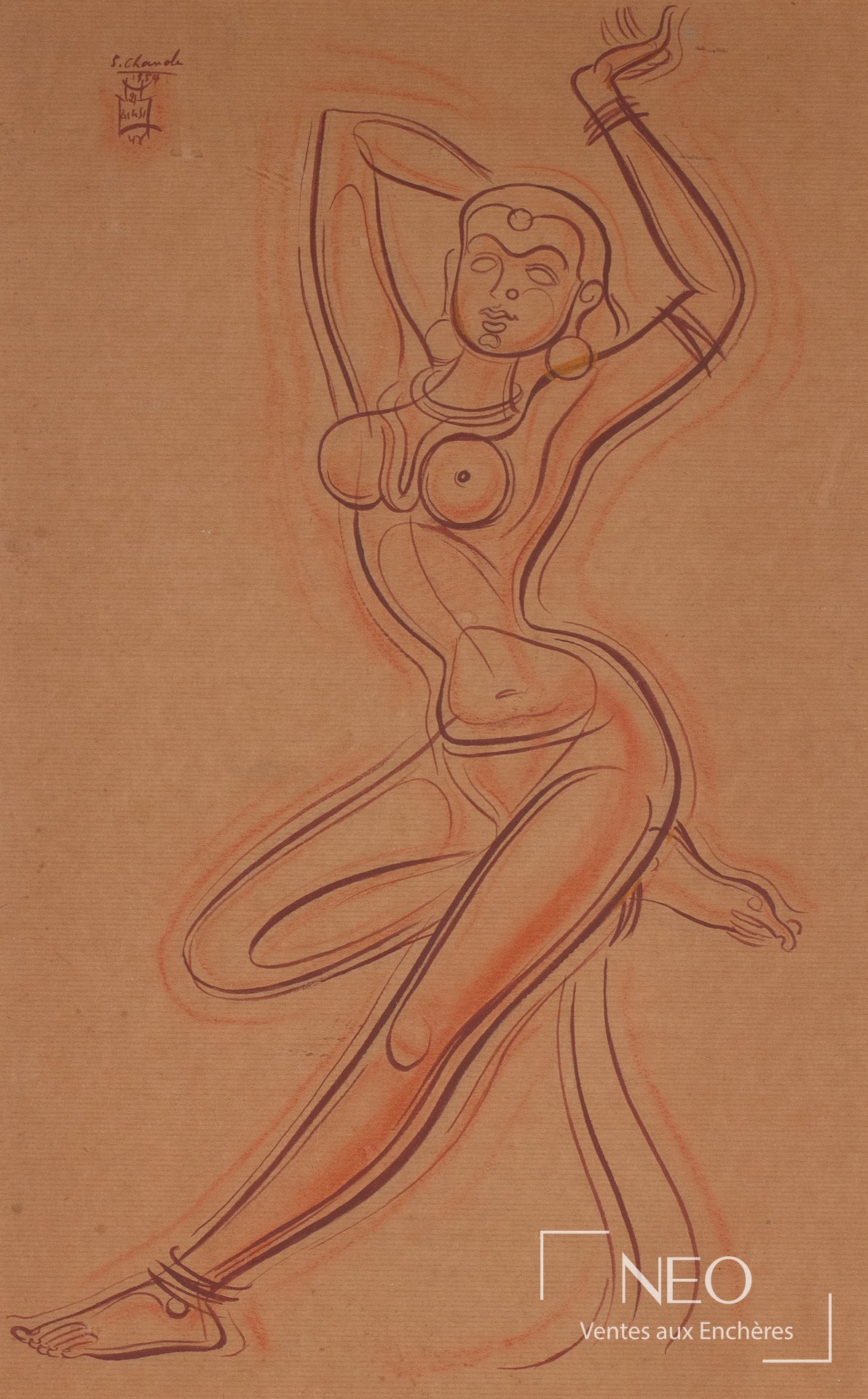 Shiavax Chavda, Nu dansant, 1954, aquarelle et sanguine sur papier