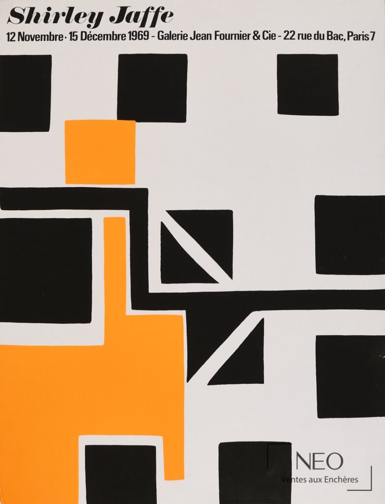 Affiche d’exposition Shirley Jaffe avec aplats noirs et orange sur fond blanc