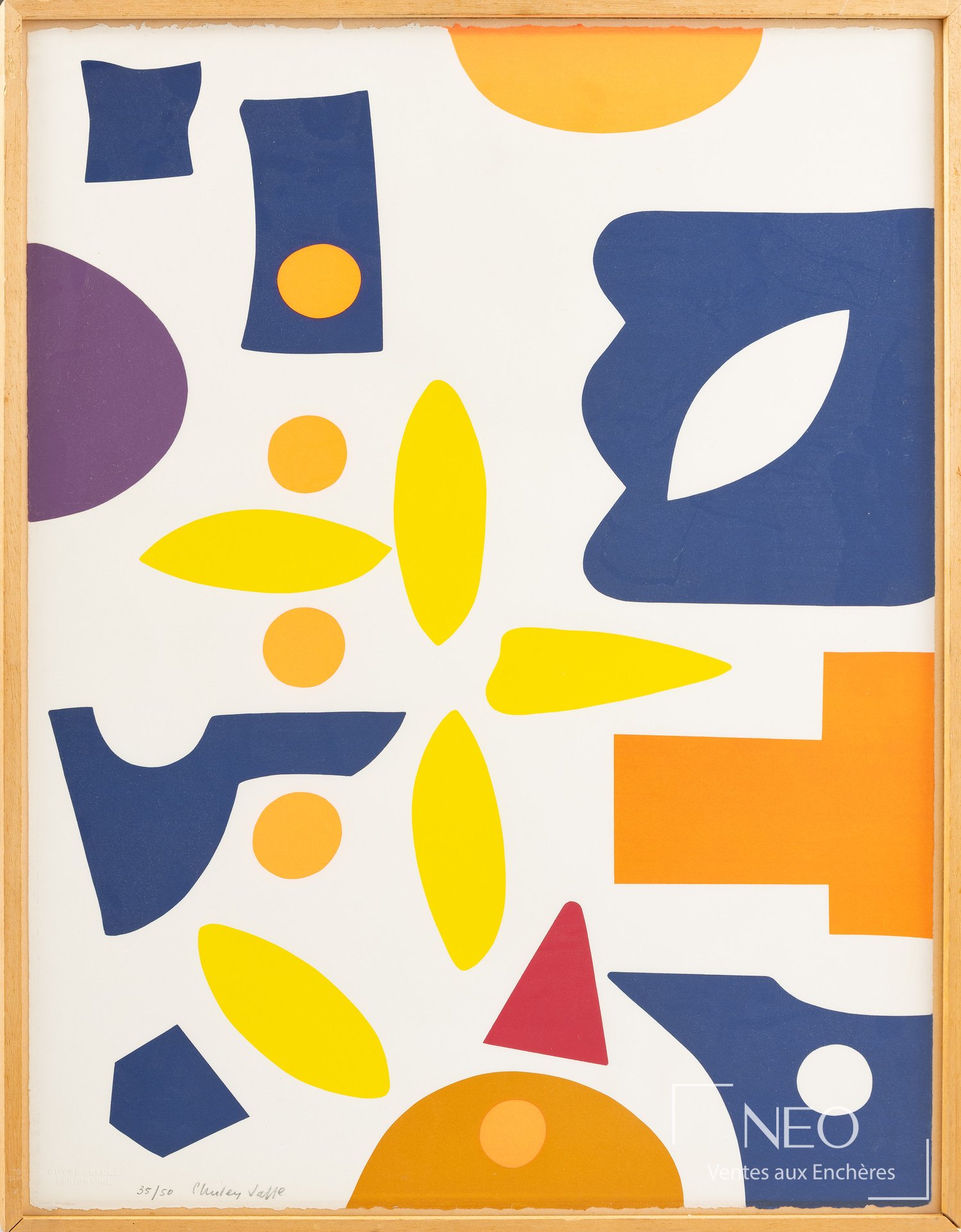 Composition abstraite polychrome de Shirley Jaffe sous verre