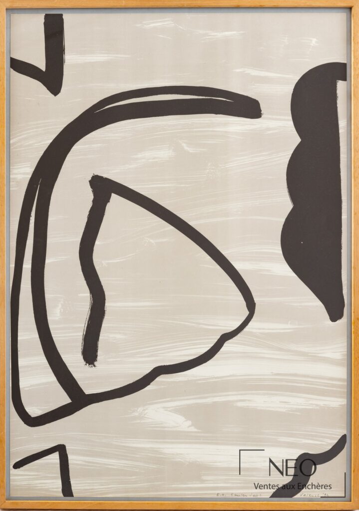 Lithographie abstraite de Shirley Jaffe sous verre avec larges formes noires sur fond clair