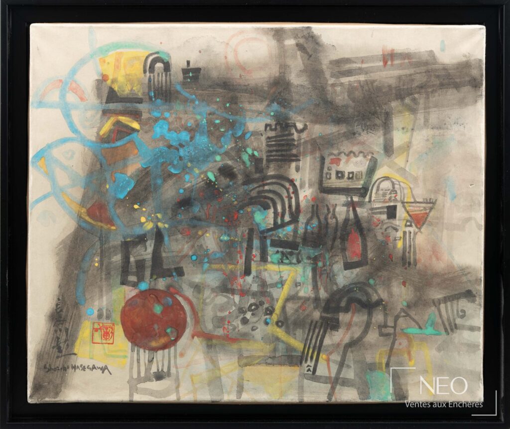 Composition abstraite colorée de Shoichi Hasegawa dans son cadre noir
