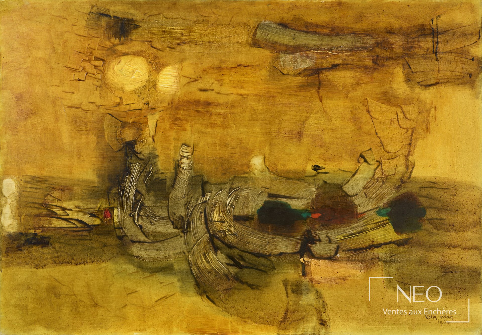 Huile sur toile abstraite aux tonalités dorées et brunes