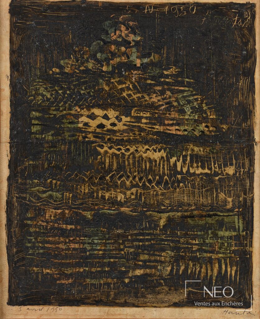 Composition abstraite de Simon Hantaï en technique mixte sur journal