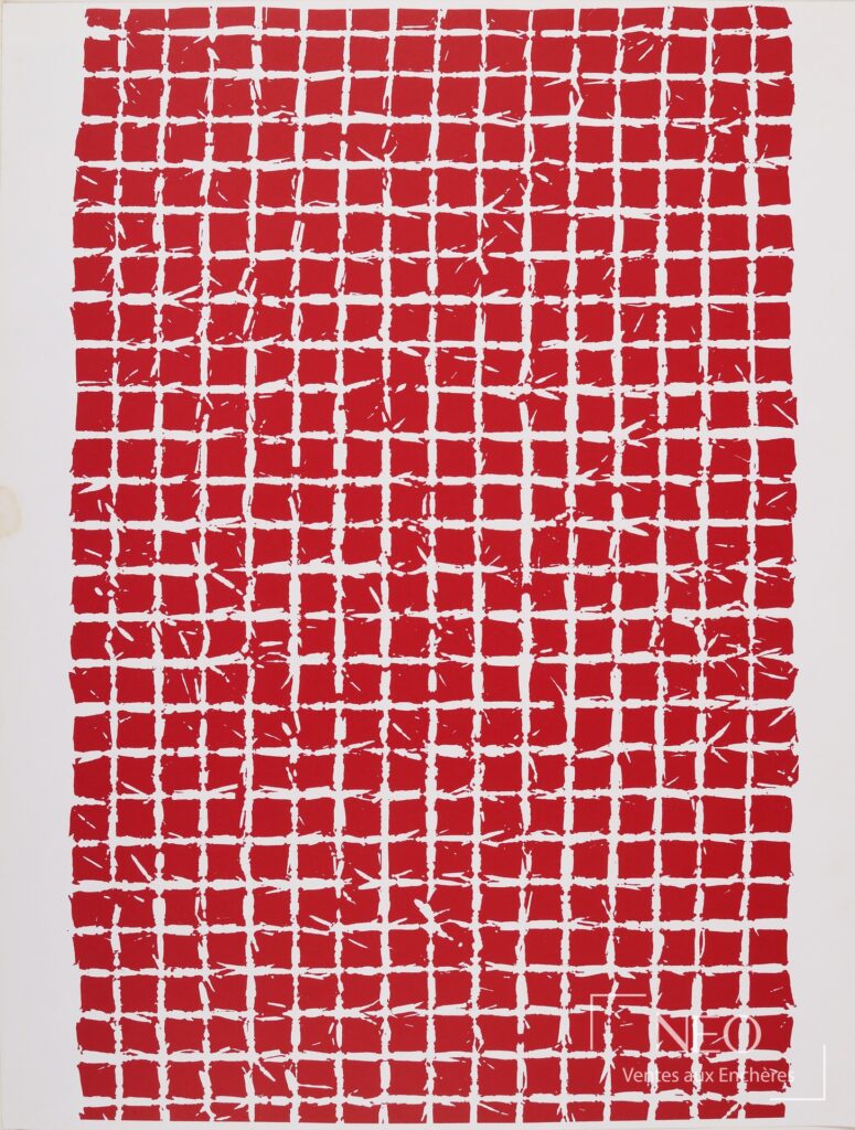 Lithographie abstraite rouge et blanc sur papier