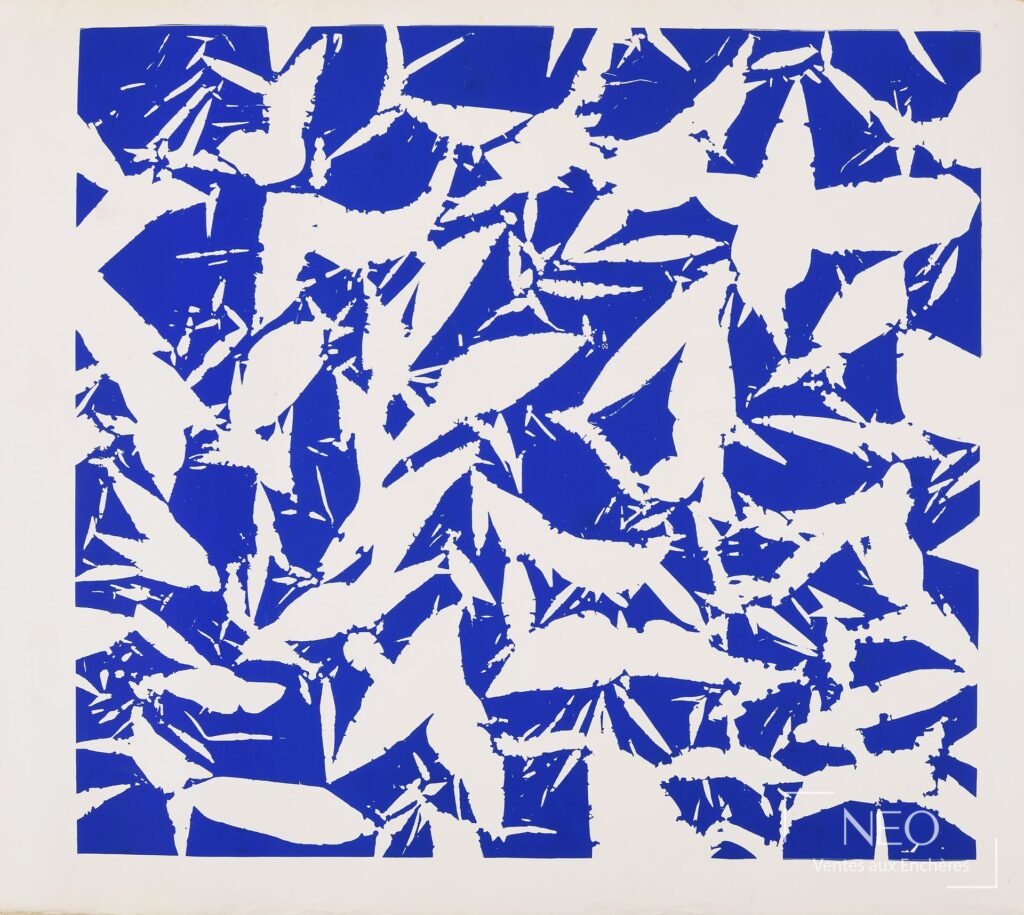 Lithographie abstraite bleue et blanche de Simon Hantaï