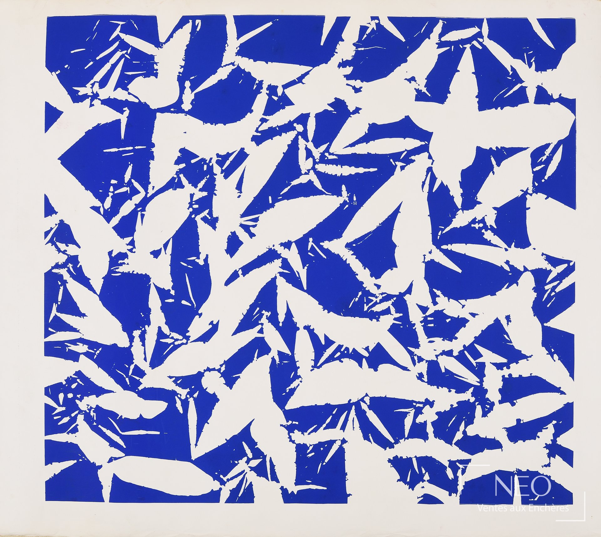 Lithographie abstraite bleue et blanche de Simon Hantaï
