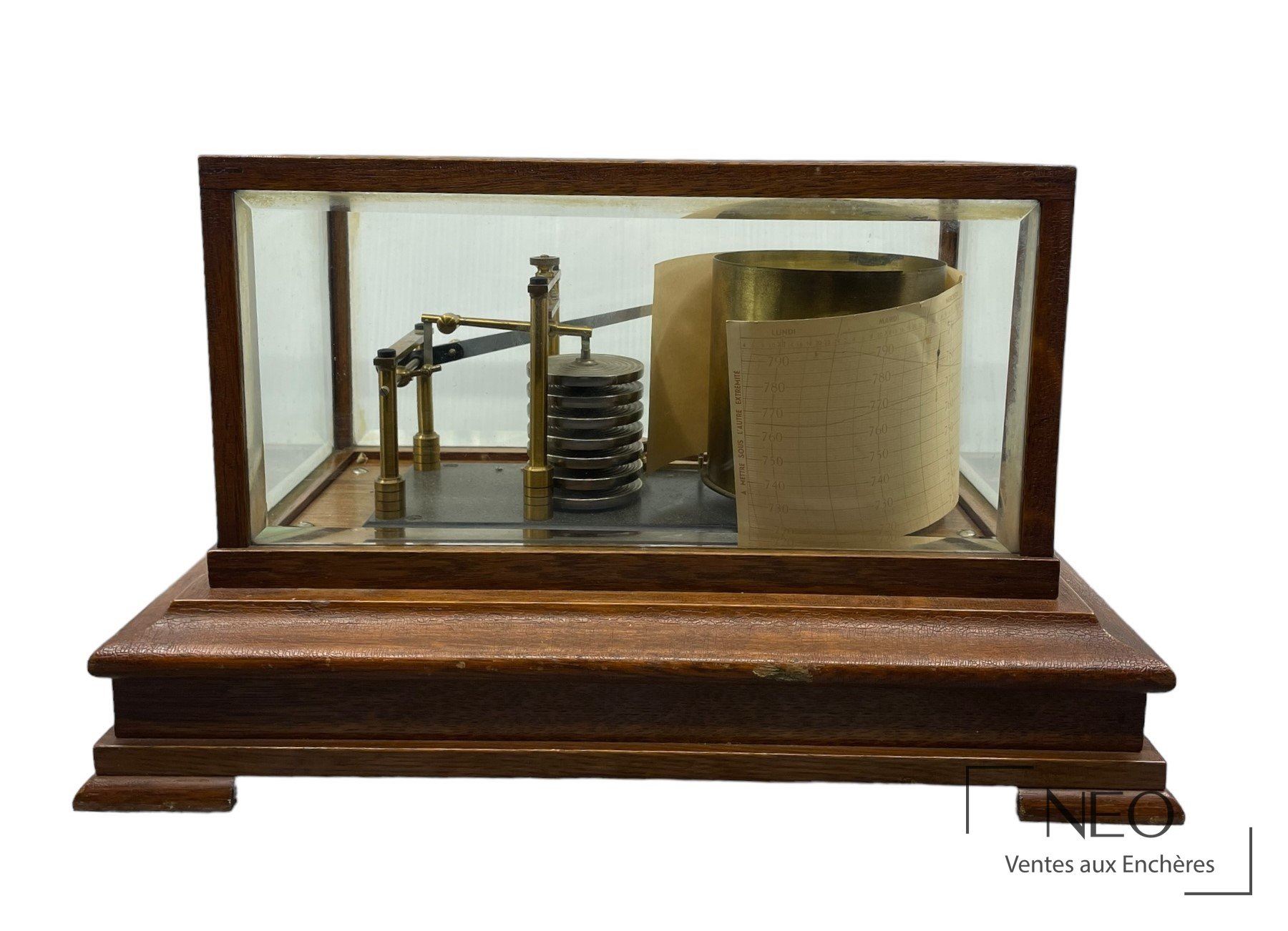Sismographe en bois et laiton sous cage de verre