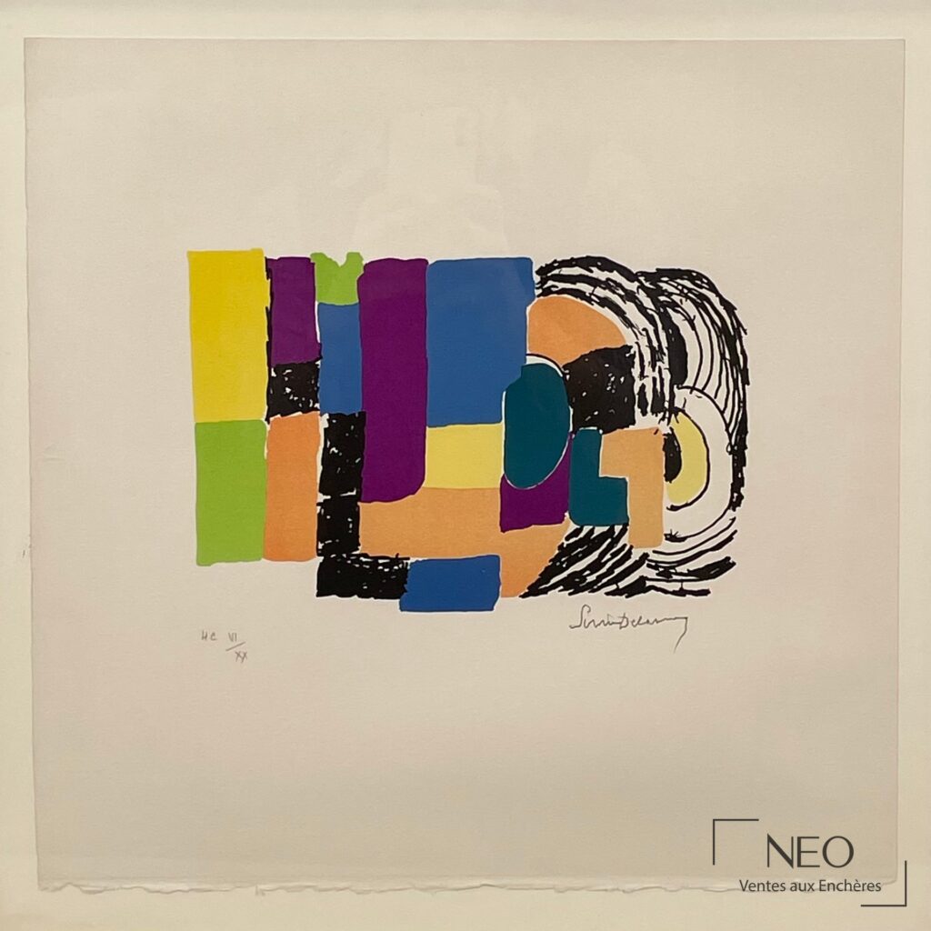 Lithographie en couleurs de Sonia Delaunay représentant une composition abstraite aux aplats vifs.
