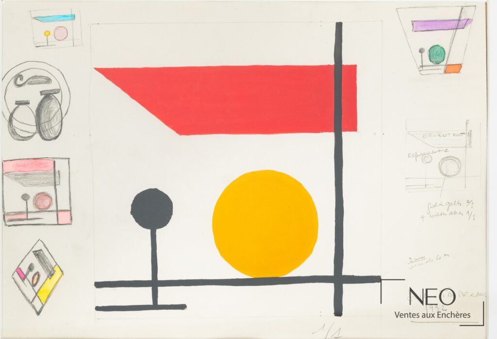 Composition géométrique colorée de Sophie Taeuber-Arp avec formes rouges