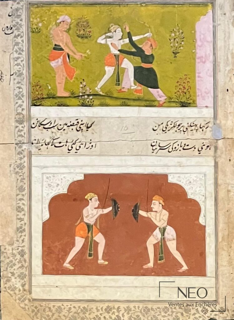 Peinture encadrée représentant une scène de danse avec trois figures sur fond vert