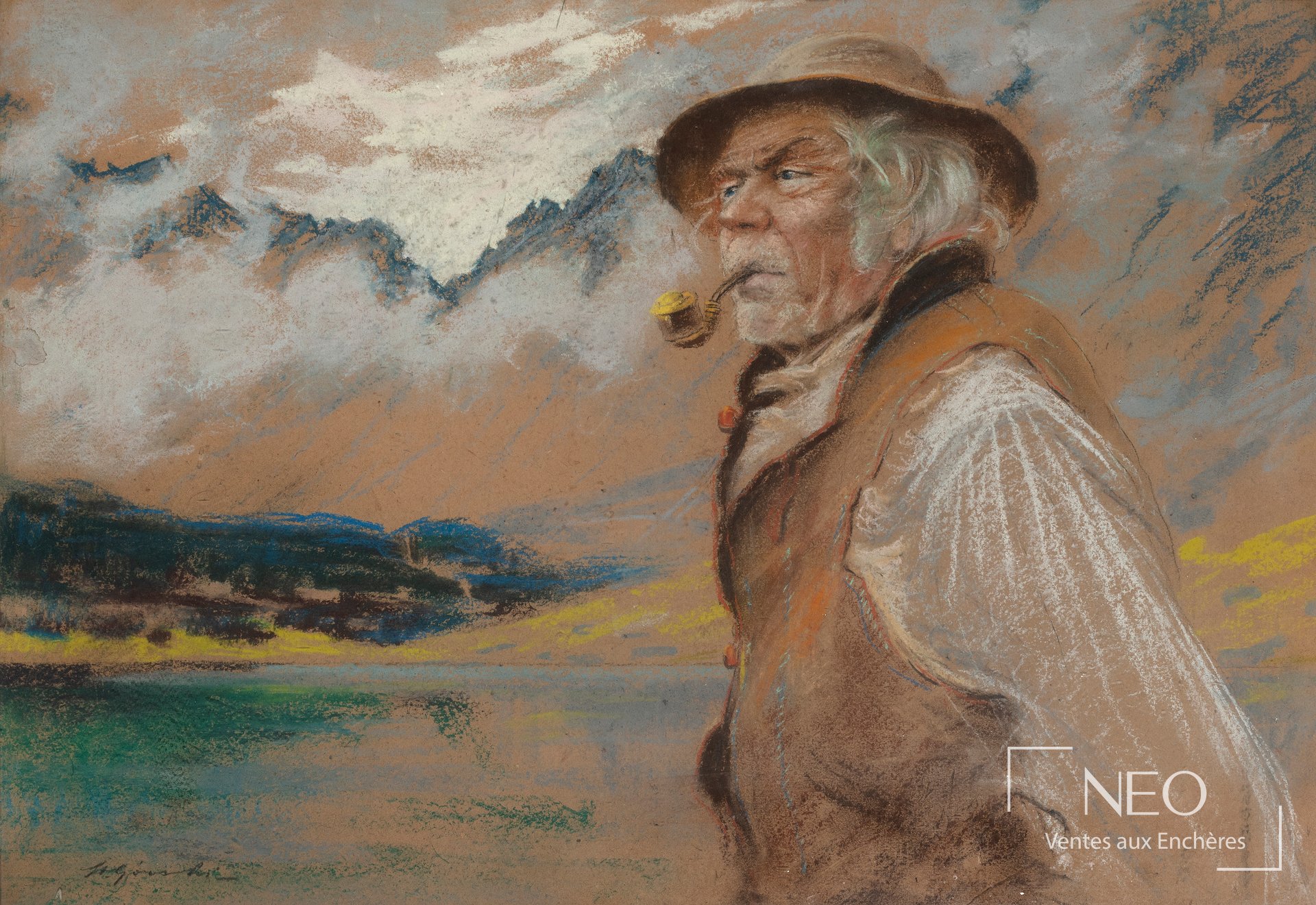 Pastel de Stanislaw Gorski représentant un berger devant un lac et des montagnes