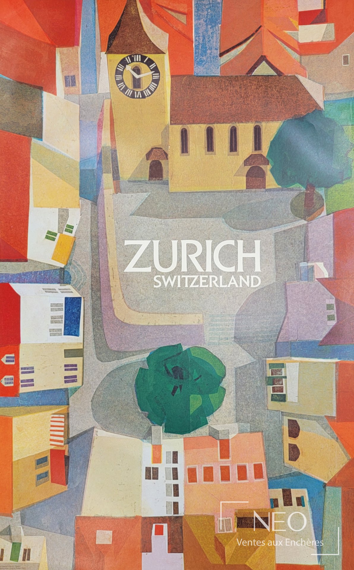 Affiche colorée représentant Zurich avec une église et le mot SWITZERLAND
