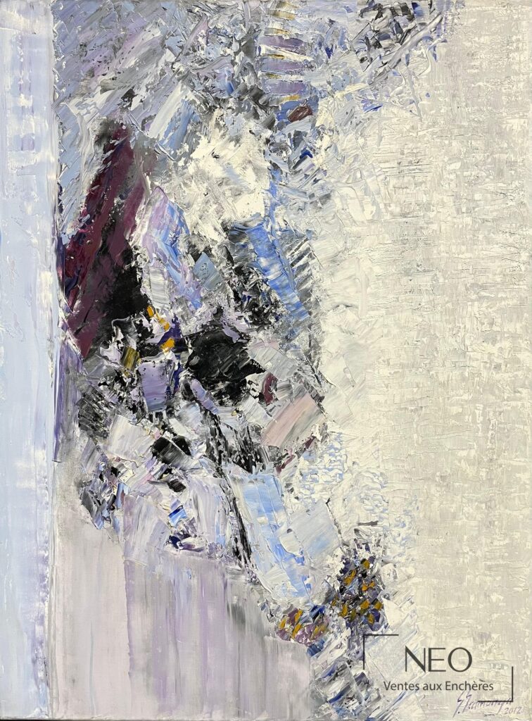Huile sur toile abstraite aux empâtements blancs