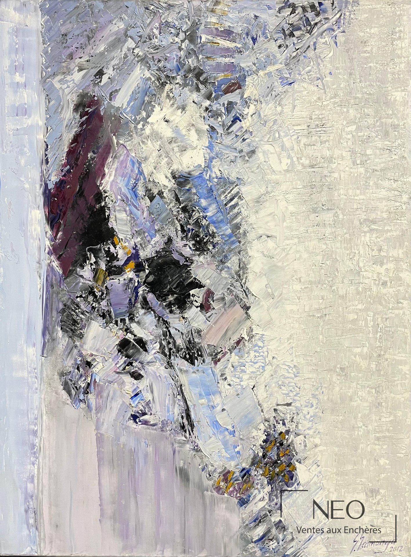 Huile sur toile abstraite aux empâtements blancs