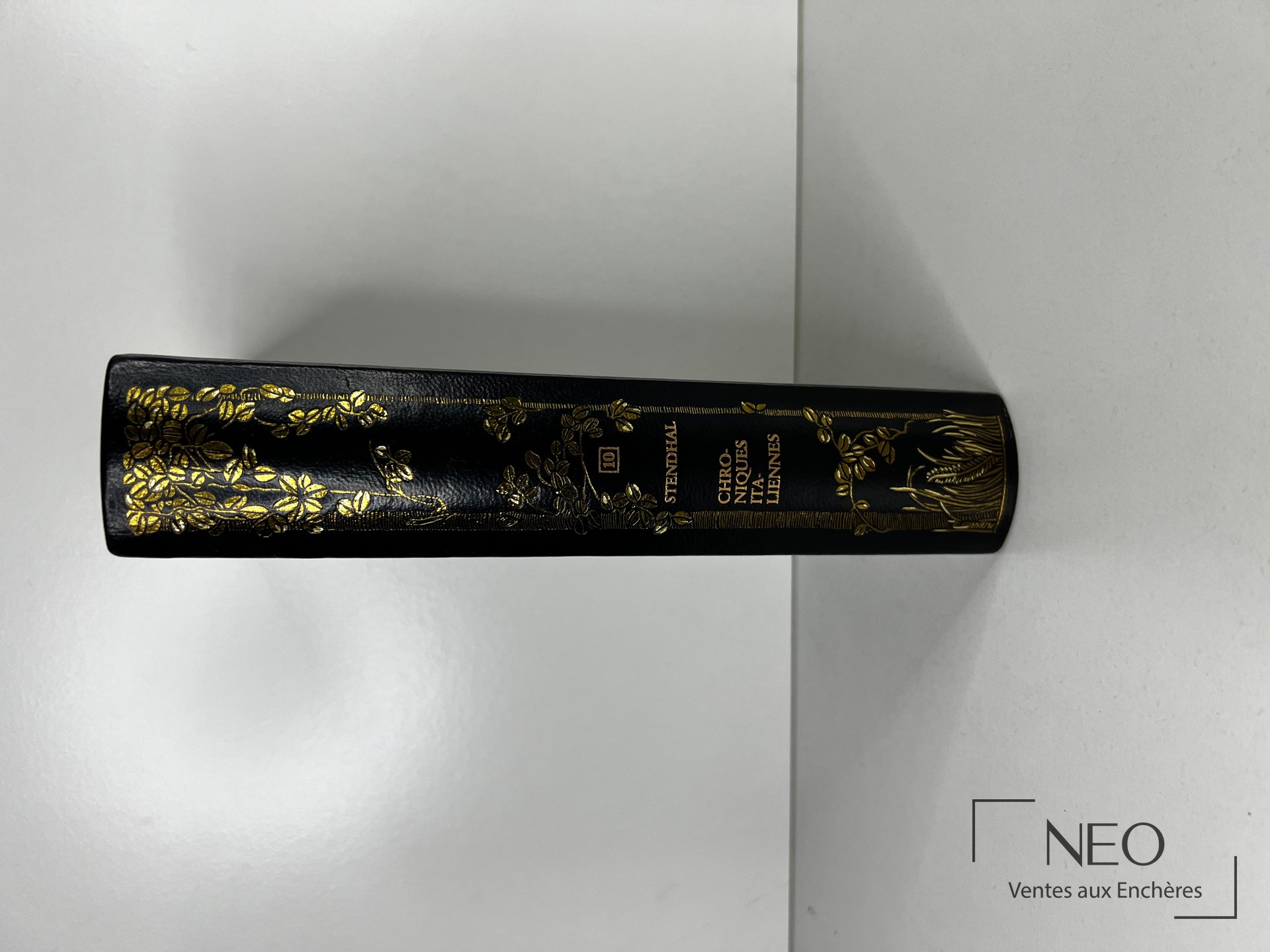 Dos du livre noir orné de motifs dorés et du titre Stendhal