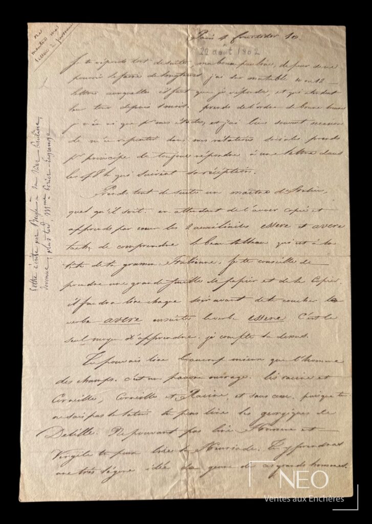 Lettre autographe de Stendhal sur papier beige
