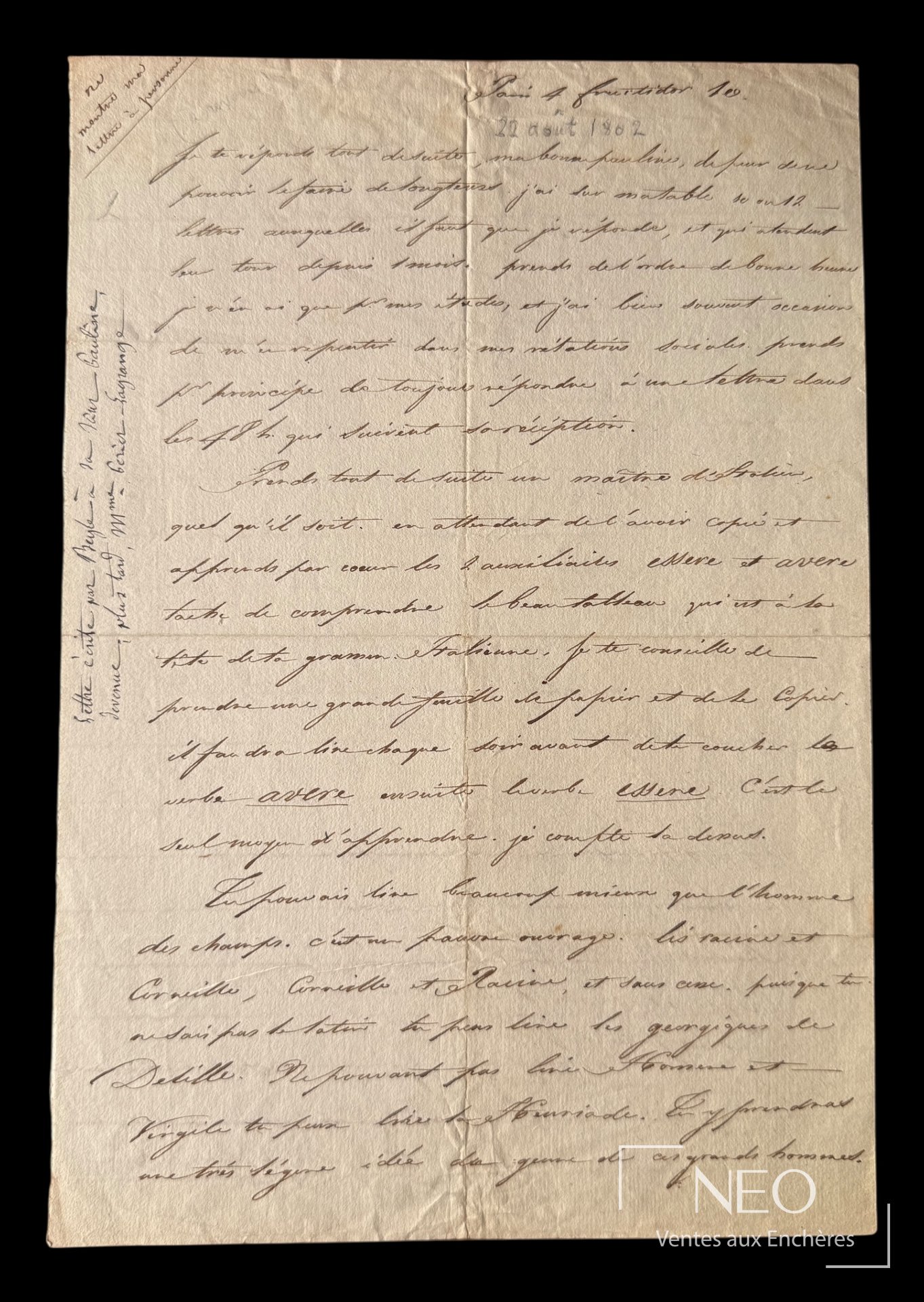 Lettre autographe de Stendhal sur papier beige